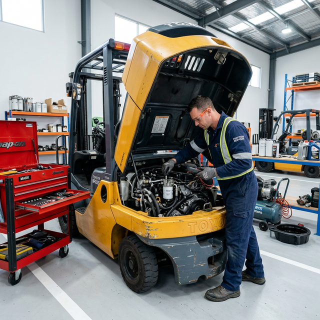Técnico fazendo manutenção de empilhadeira